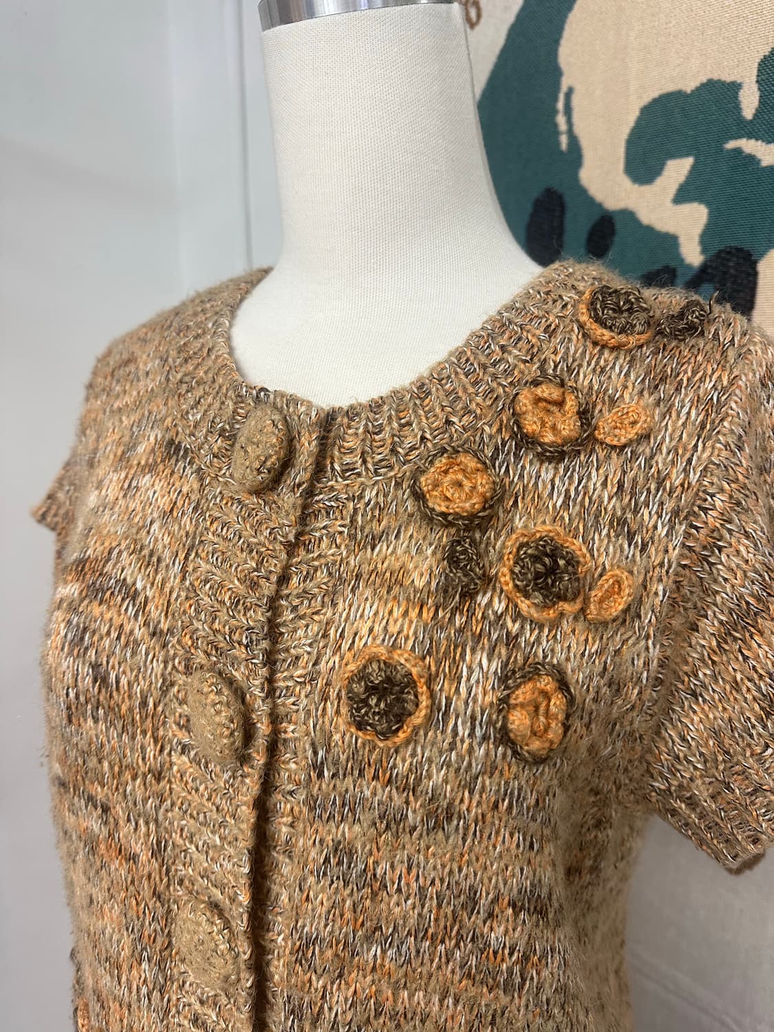 일본빈티지 핸드니트 플라워 디테일 울 블렌드 반팔 니트 가디건 상품이미지2