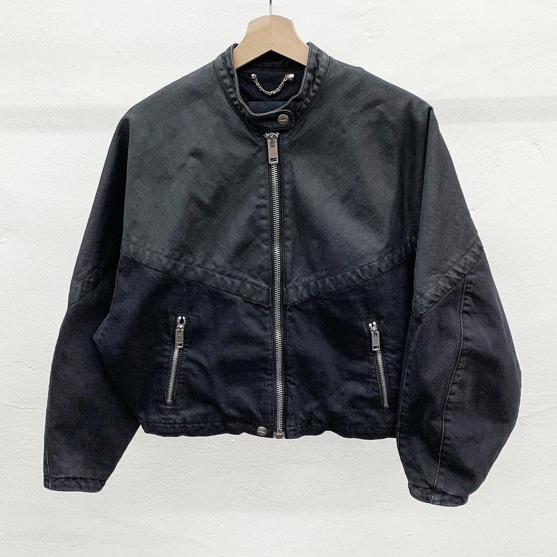 디젤 블랙 폴리 코튼 배색 크롭 봄버 자켓 상품이미지1