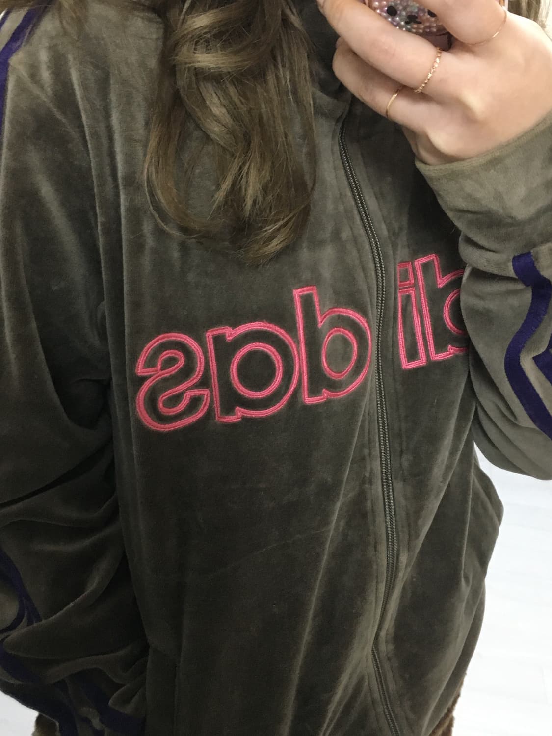 카키브라운벨벳 집업 아디다스 상품이미지4