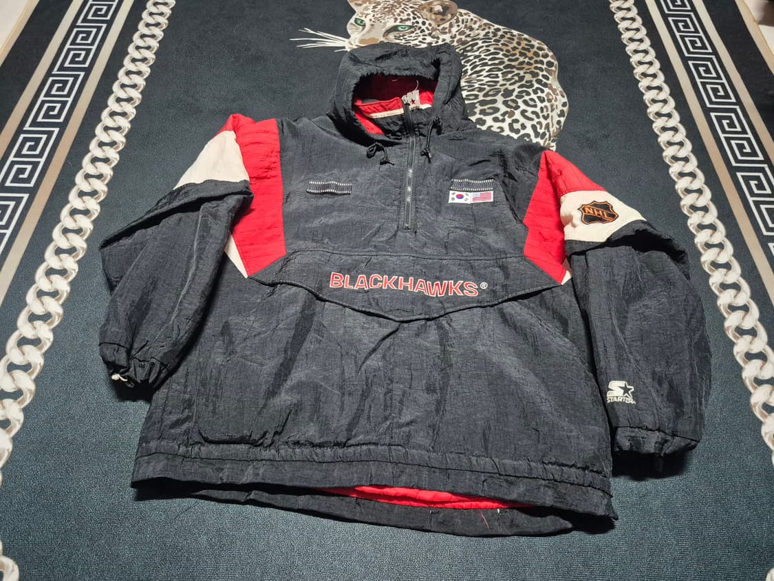90's 스타터 X NHL 블랙 호크스 올드스쿨 하프집 아노락 XL 상품이미지1
