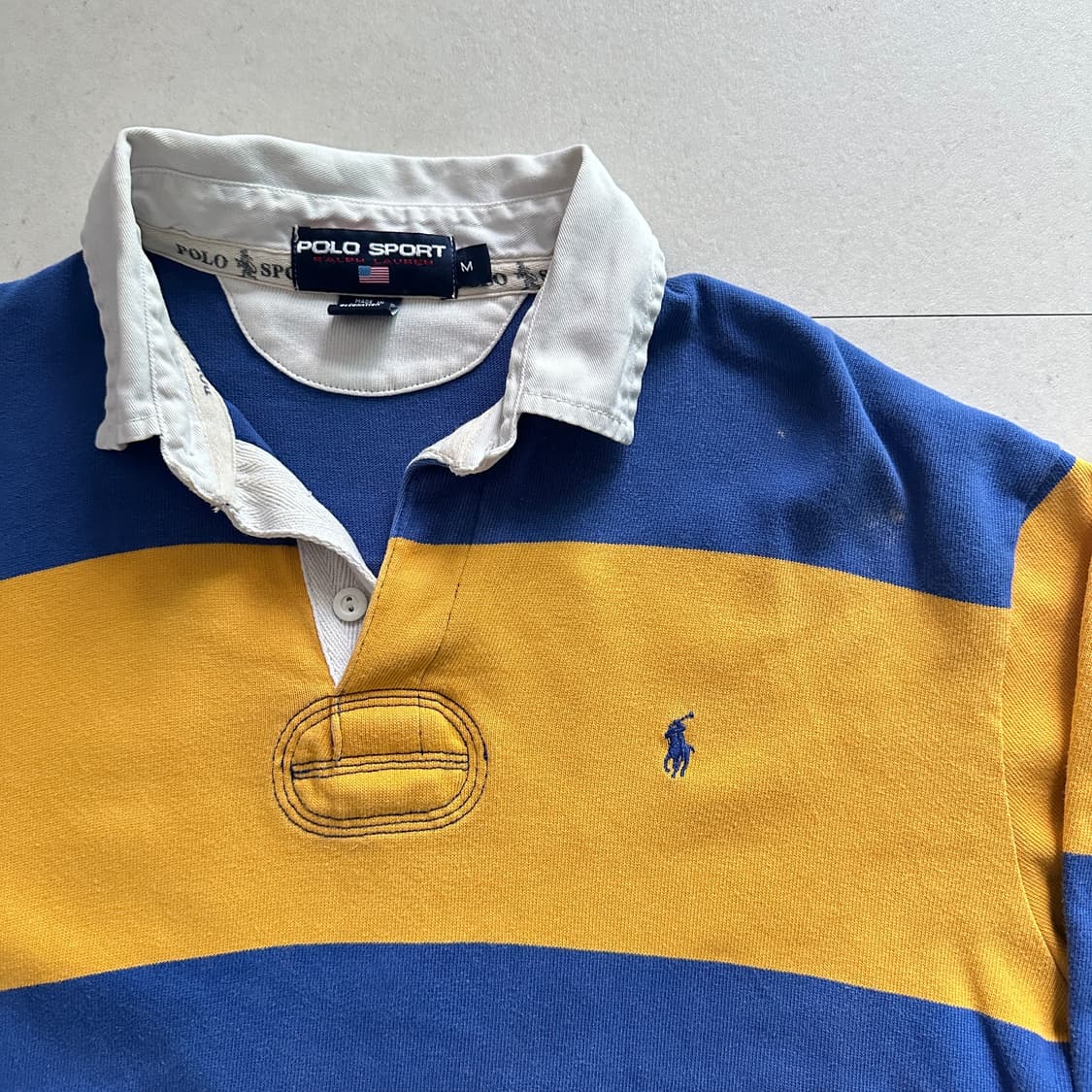 90s 빈티지 폴로 스포츠 백넘버 럭비티 M(100) 노랑파랑 상품이미지3