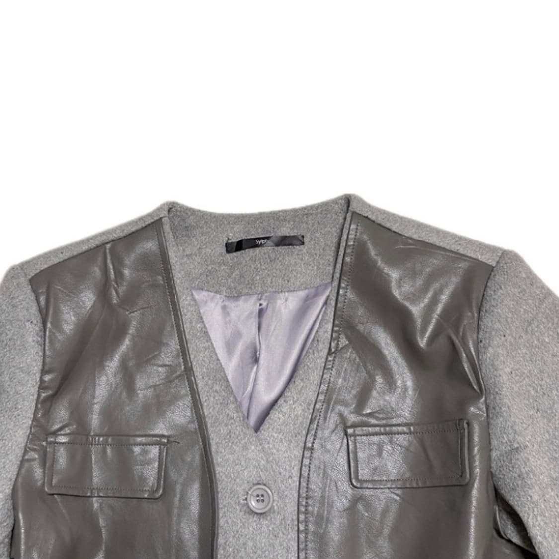 앞판 인조가죽 배색 울 노카라 자켓 상품이미지6