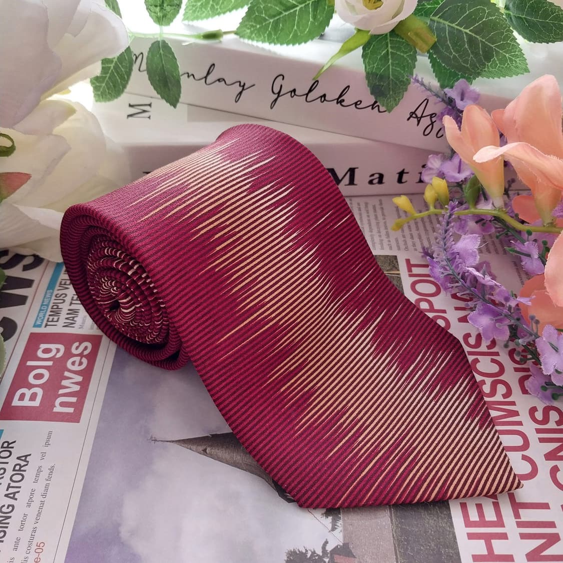 피에르 발망 실크 와인 스트라이프 넥타이 9.8cm A+등급 K1332 상품이미지2