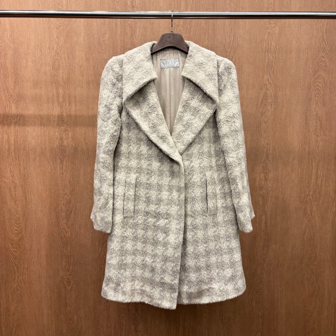 마인 울 블렌드 롱 코트 그레이 체크 패턴 슬릿 포켓 디테일 아이보리 상품이미지2