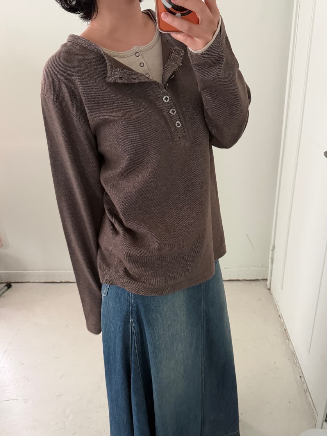 일본빈티지 브라운 레이어드 헨리넥 티셔츠 상품이미지2