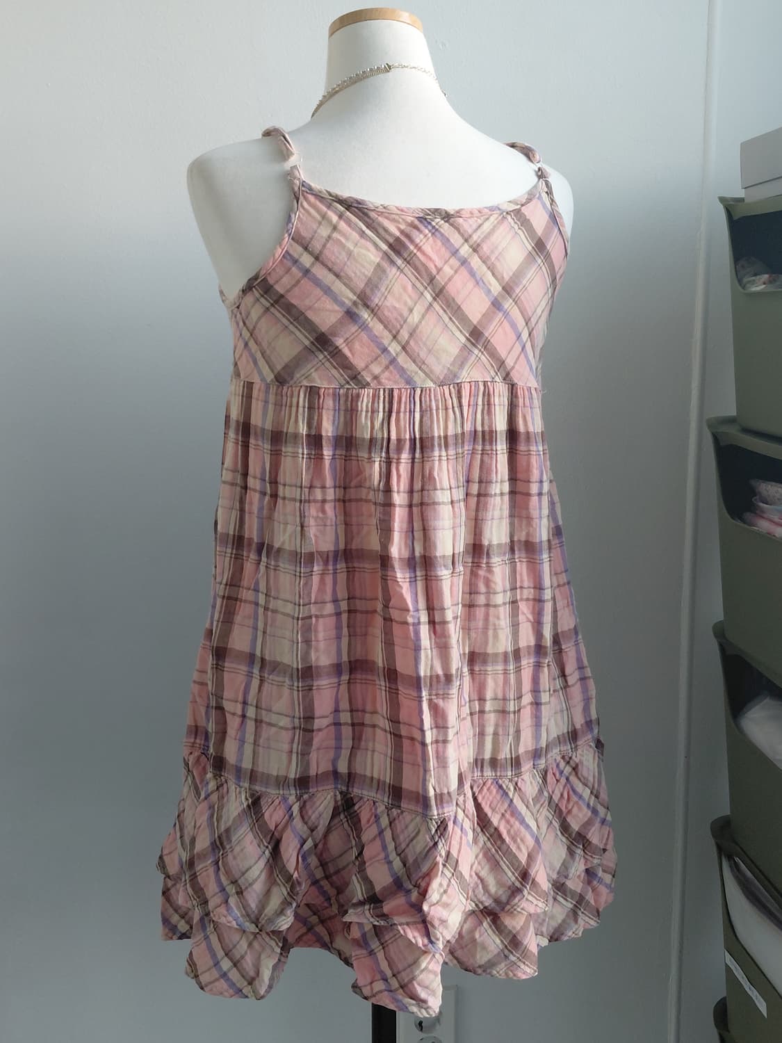 [빈티지] 체크 끈 원피스 핑크 퍼플 프릴 상품이미지2