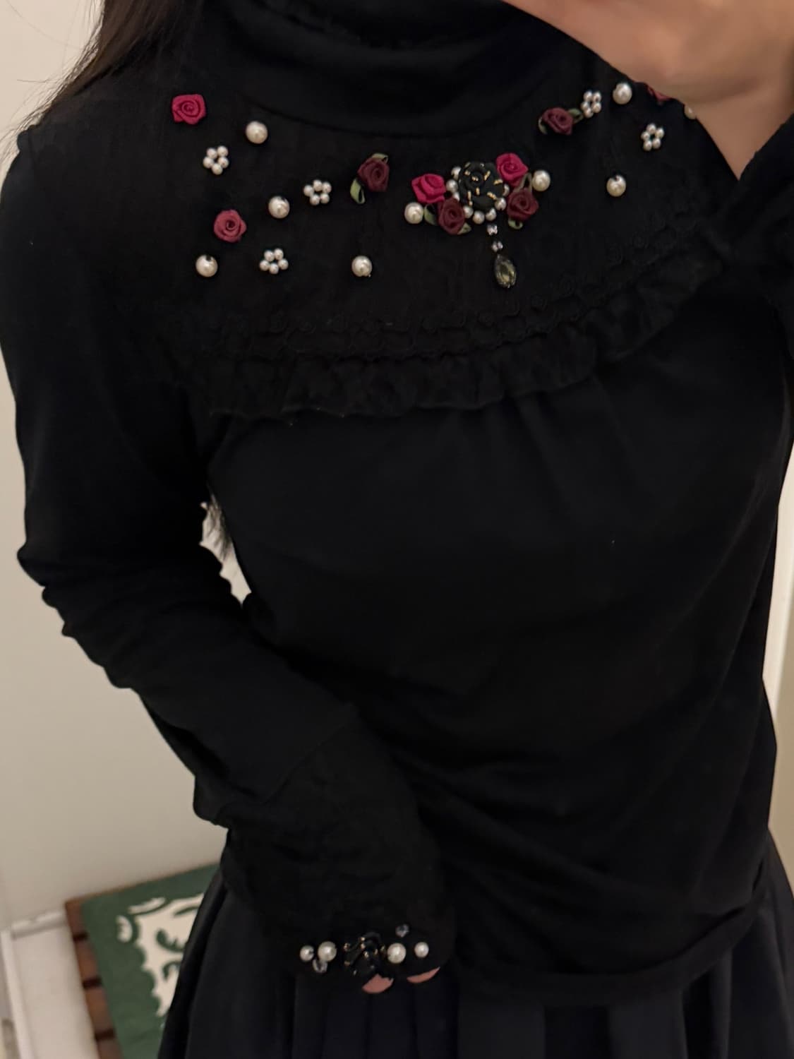 일본빈티지 엑시즈팜 블랙 레이스 터틀넥 롱슬리브 상품이미지3