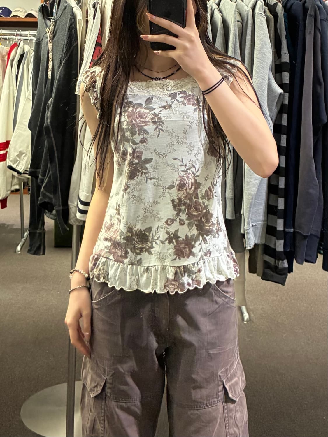 L)Japanese vintage 여성 플라워 패턴 레이스 나시 상품이미지1