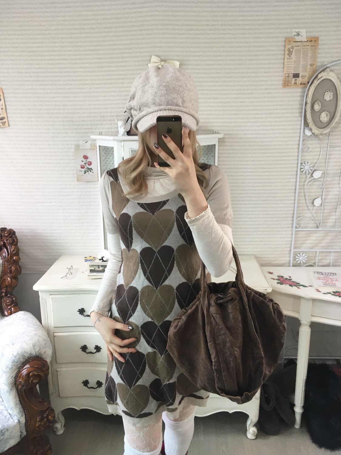 Set)하트 아가일 니트원피스 + 레이스풀오버 상품이미지3