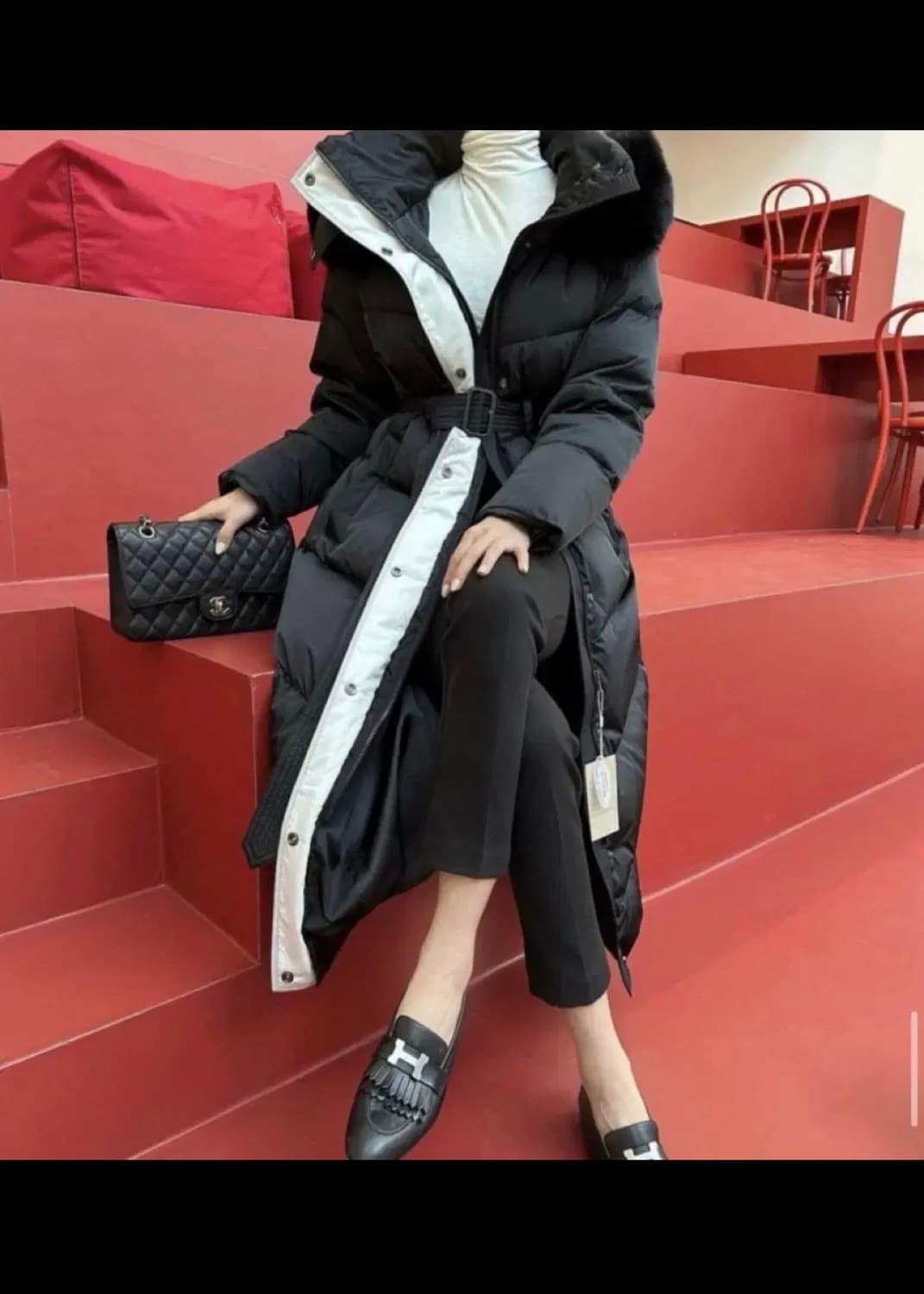 사가폭스퍼 배색 롱패딩 (오리털100, 착샷o) 상품이미지1