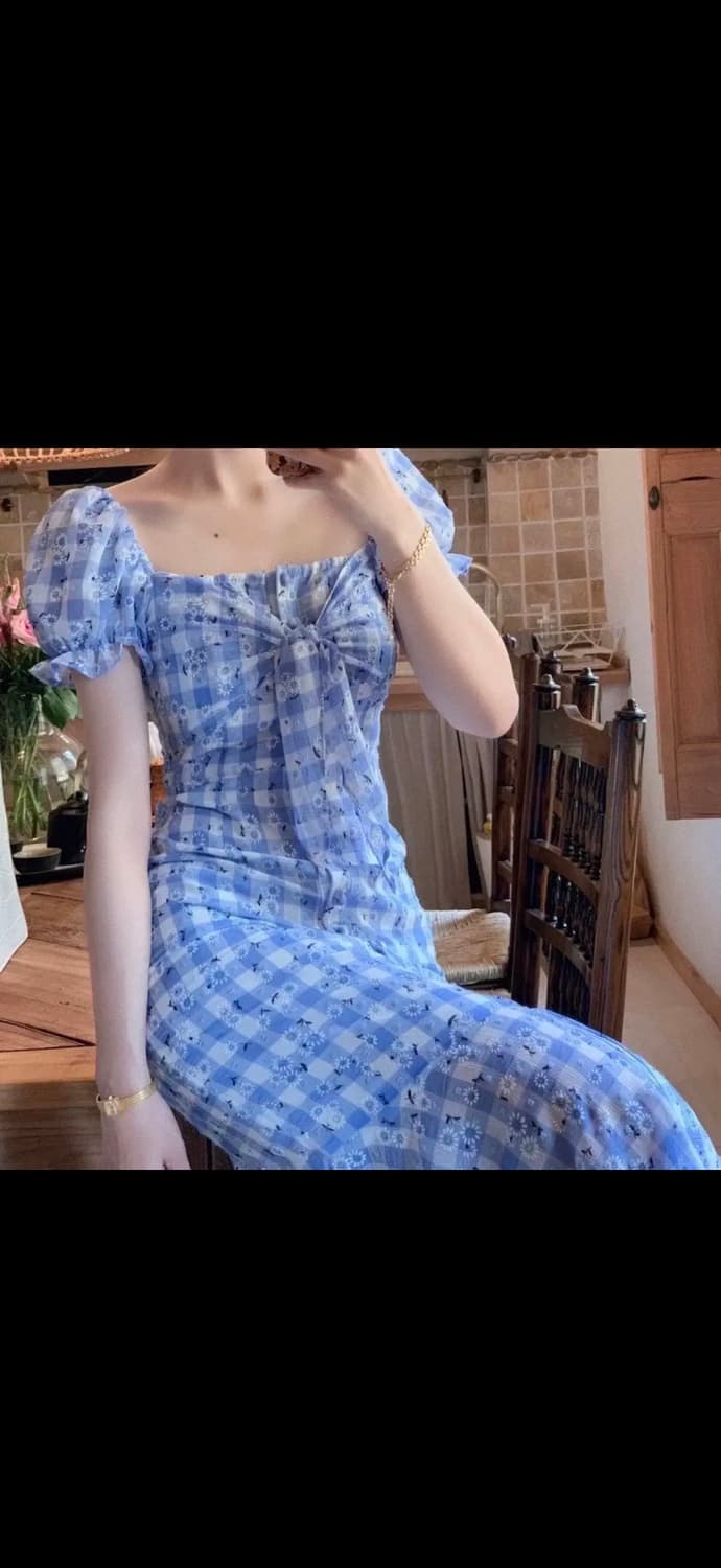 블루 체크 데이지 포인트 여름원피스 퍼프소매 휴양지원피스 상품이미지1