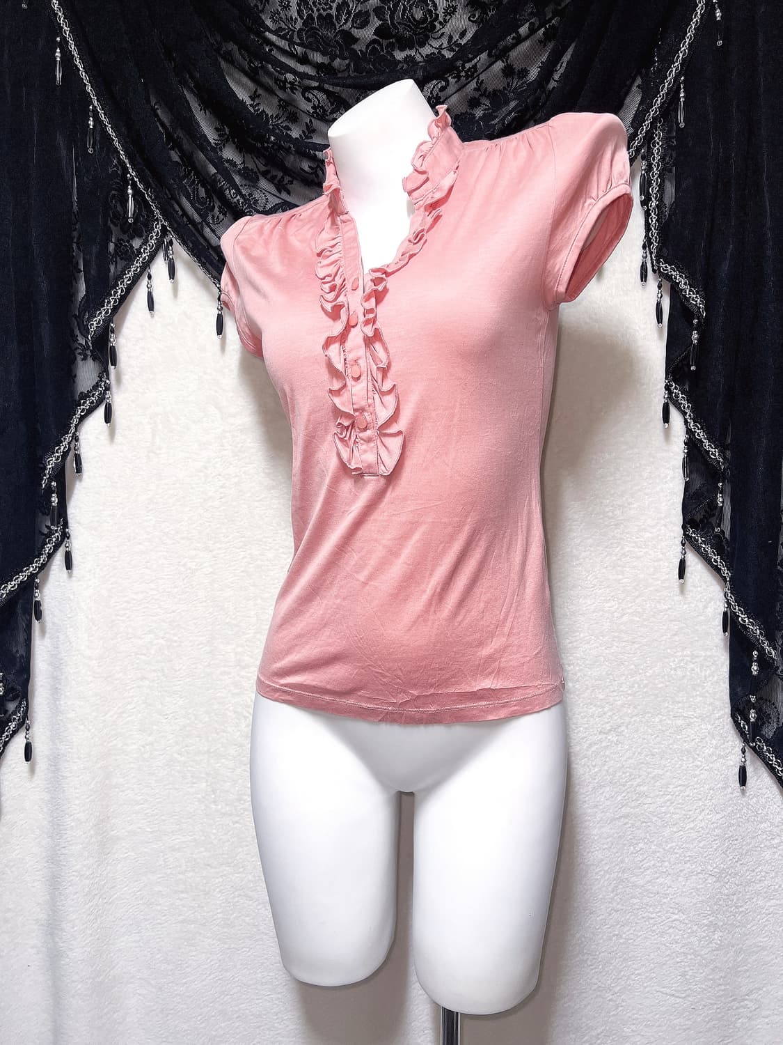 코랄핑크 프릴 반팔 블라우스 로걀탑 로맨틱갸루 히메 러블리 너드 모리 상품이미지3