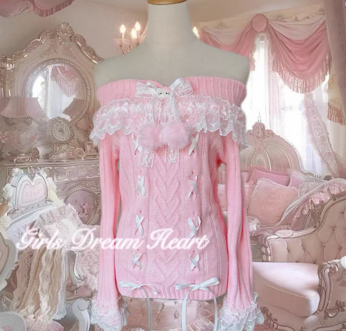 💗 헬로키티 핑크 오프숄더 갸루 캐캐체깔 니트 상품이미지1