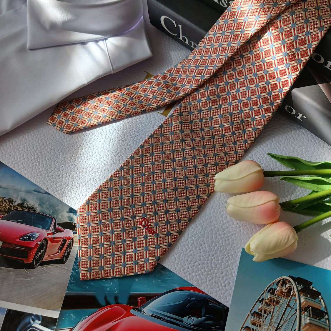 크리스찬 디올 실크 레드 체크 패턴 넥타이 9.2cm B등급 A18830 상품이미지3