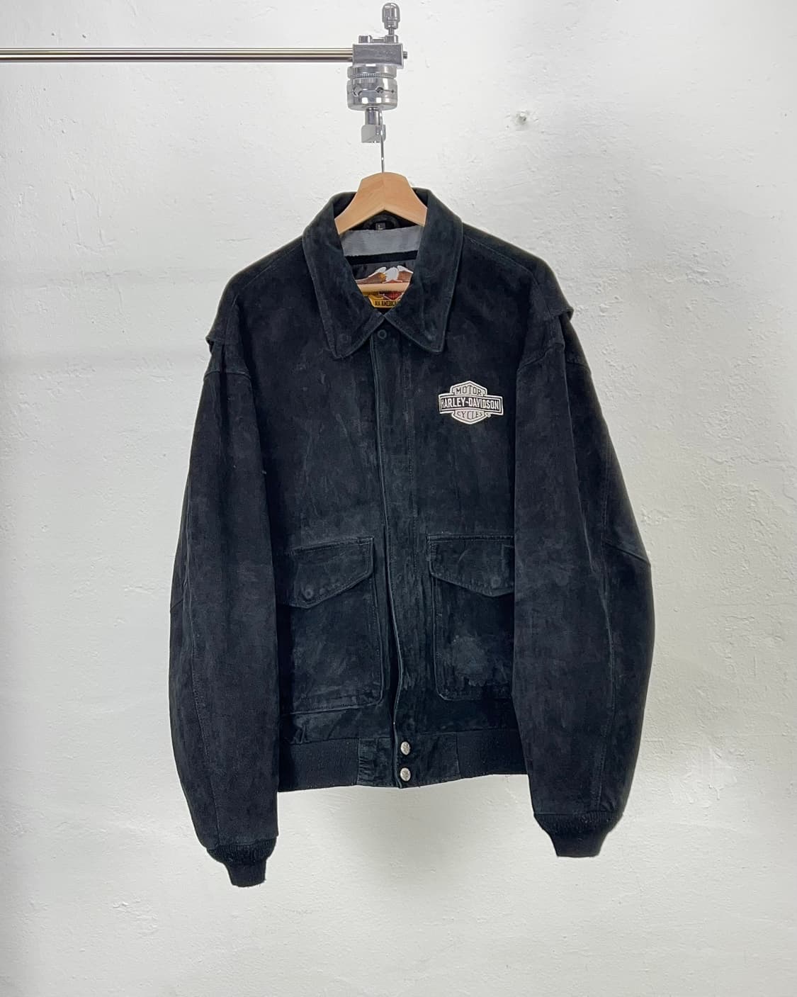 90s 할리데이비슨 블랙 스웨이드 레더 스냅 포켓 라이더 자켓 상품이미지2