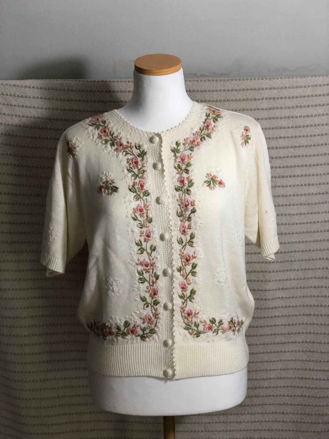 일본 빈티지 자수 플라워 패턴 반팔 니트 아이보리 모리걸 티셔츠 상품이미지1