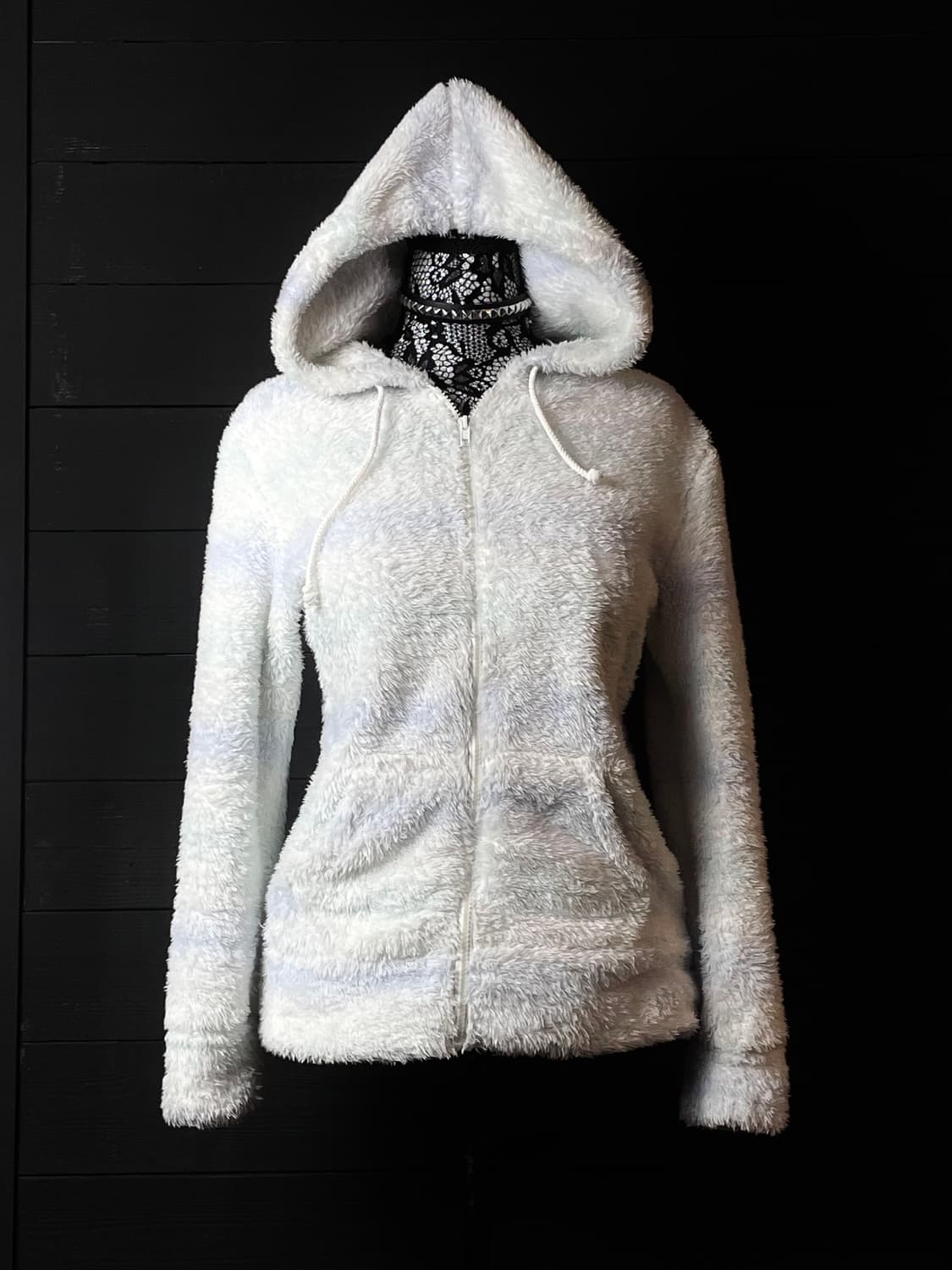 JPN 블루 민트 스트라이프 패턴 줄무늬 화이트 퍼 후드집업 상품이미지2