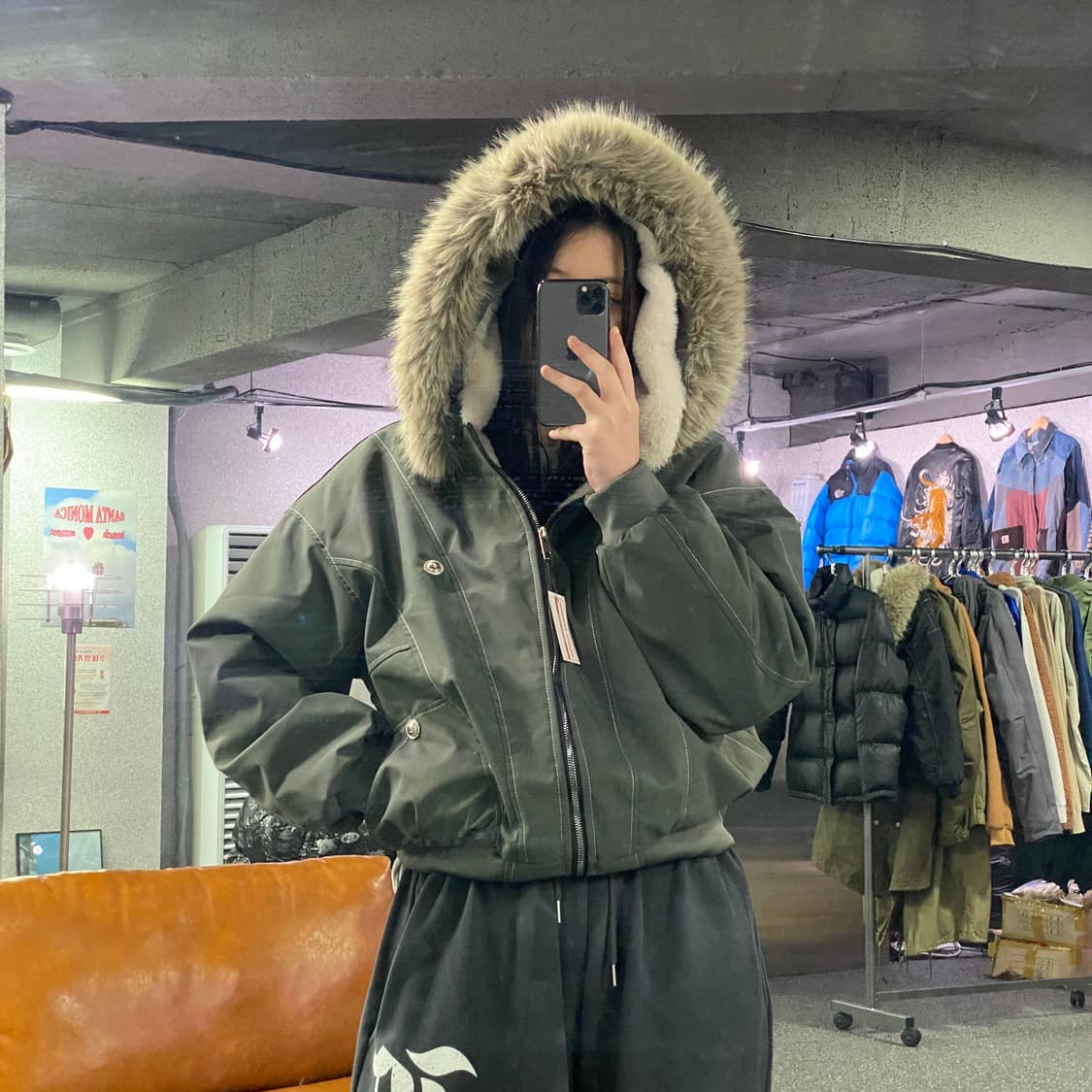 빈티지 라쿤 퍼 절개 카키 크롭 후드 패딩 점퍼 B3918 상품이미지1