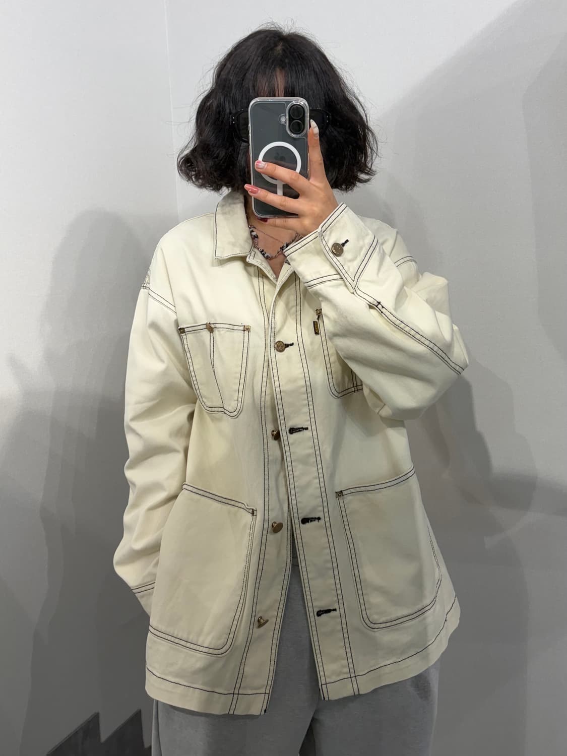 OS 미스치프 스티치 워크 자켓 아이보리 상품이미지1