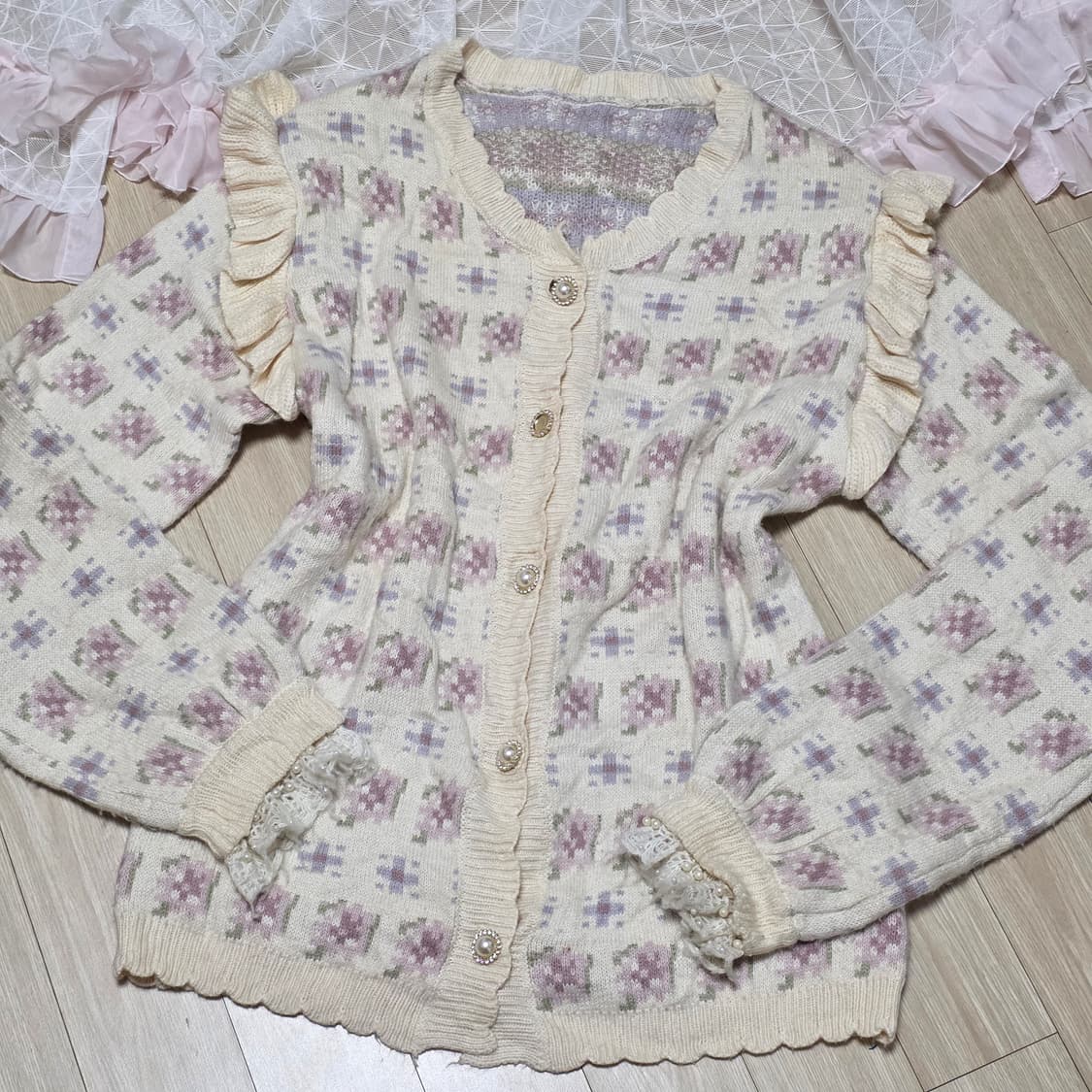 Swankiss 일본빈티지)양산형st 로맨틱 프릴 진주 플라워 니트가디건 상품이미지2