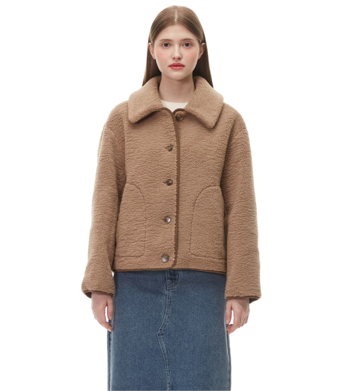 플라스틱아일랜드 퍼 카라 뽀글이 무스탕 숏 자켓 아이보리 (S) 상품이미지7