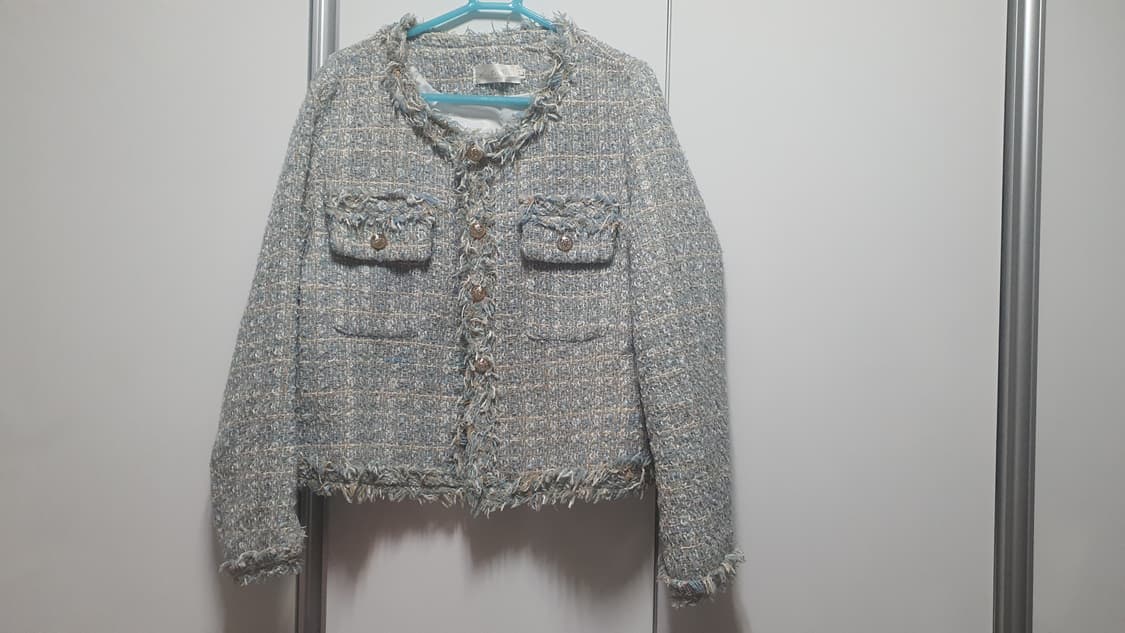 스카이블루 하늘색 트위드 라운드넥카라 프린지 자켓 가디건 상품이미지1