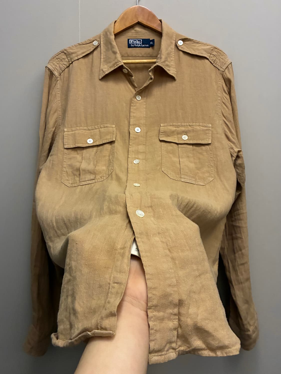 (XL)00s 폴로랄프로렌 투포켓 밀리터리 리넨셔츠 베이지 린넨 상품이미지5