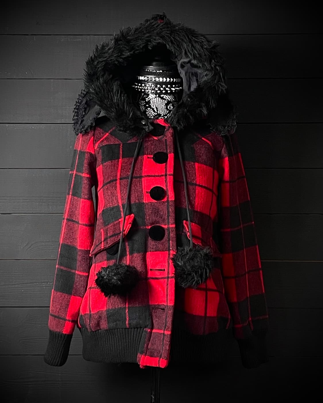 TRALALA 트랄랄라 펑크 퍼 레드 체크 패턴 큐롯 자켓 코트 상품이미지1