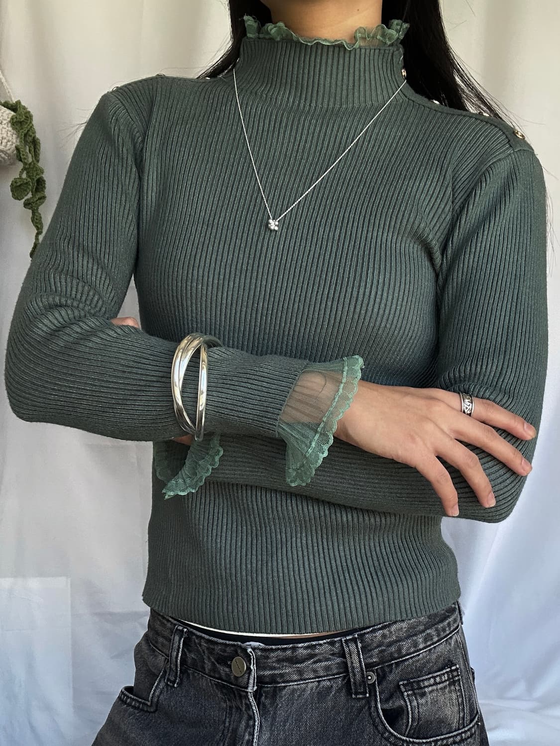 빈티지 레이스 레이어드 목폴라 니트 상품이미지3