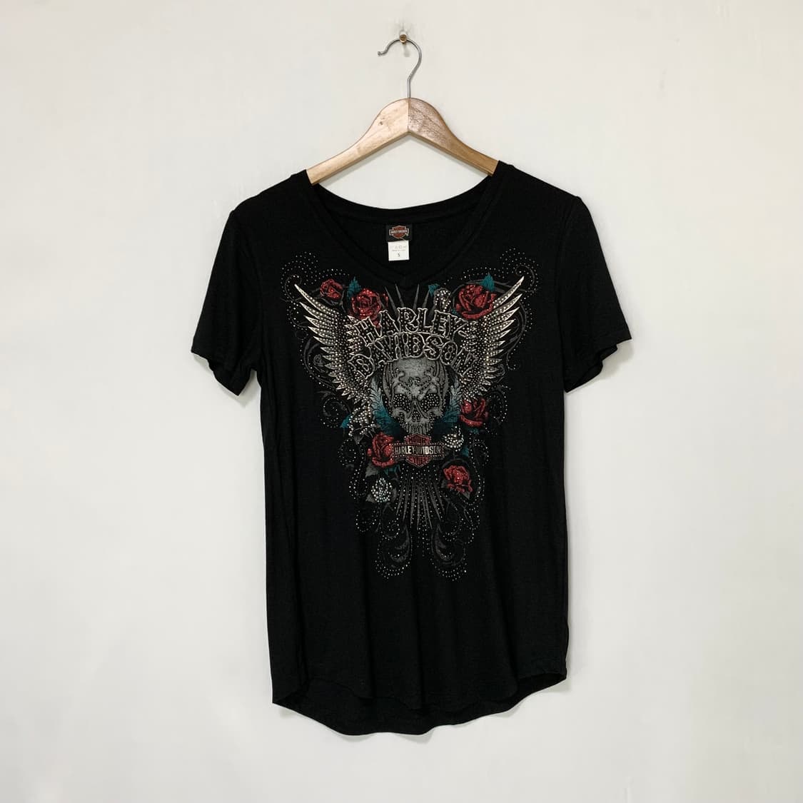 할리데이비슨 y2k 블랙 스컬 큐빅 펑크 프린팅 브이넥 반팔 티셔츠 상품이미지1