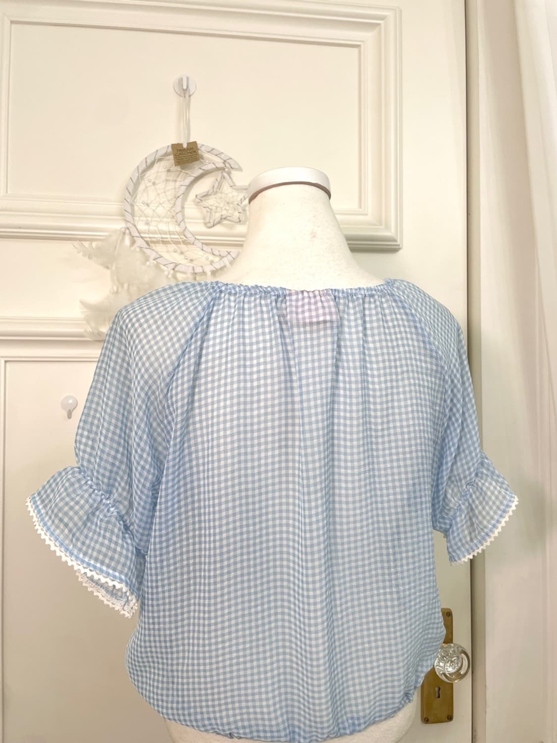 sky blue check shirring chiffon blouse 상품이미지4