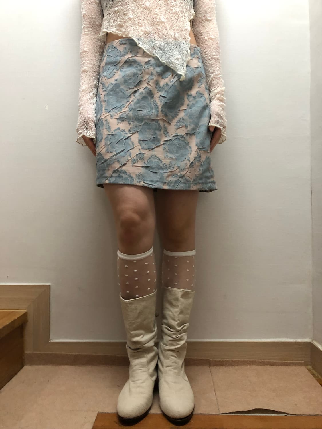 빈티지 라이트 블루 플라워 미니 스커트 상품이미지2