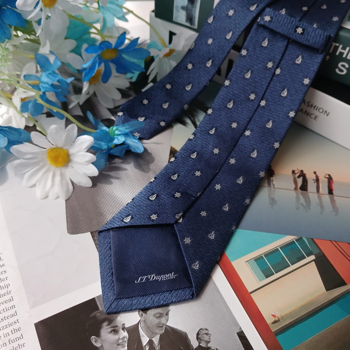 에스.티. 듀퐁 실크 블루 요트 자수 넥타이 8cm A등급 E932 상품이미지4