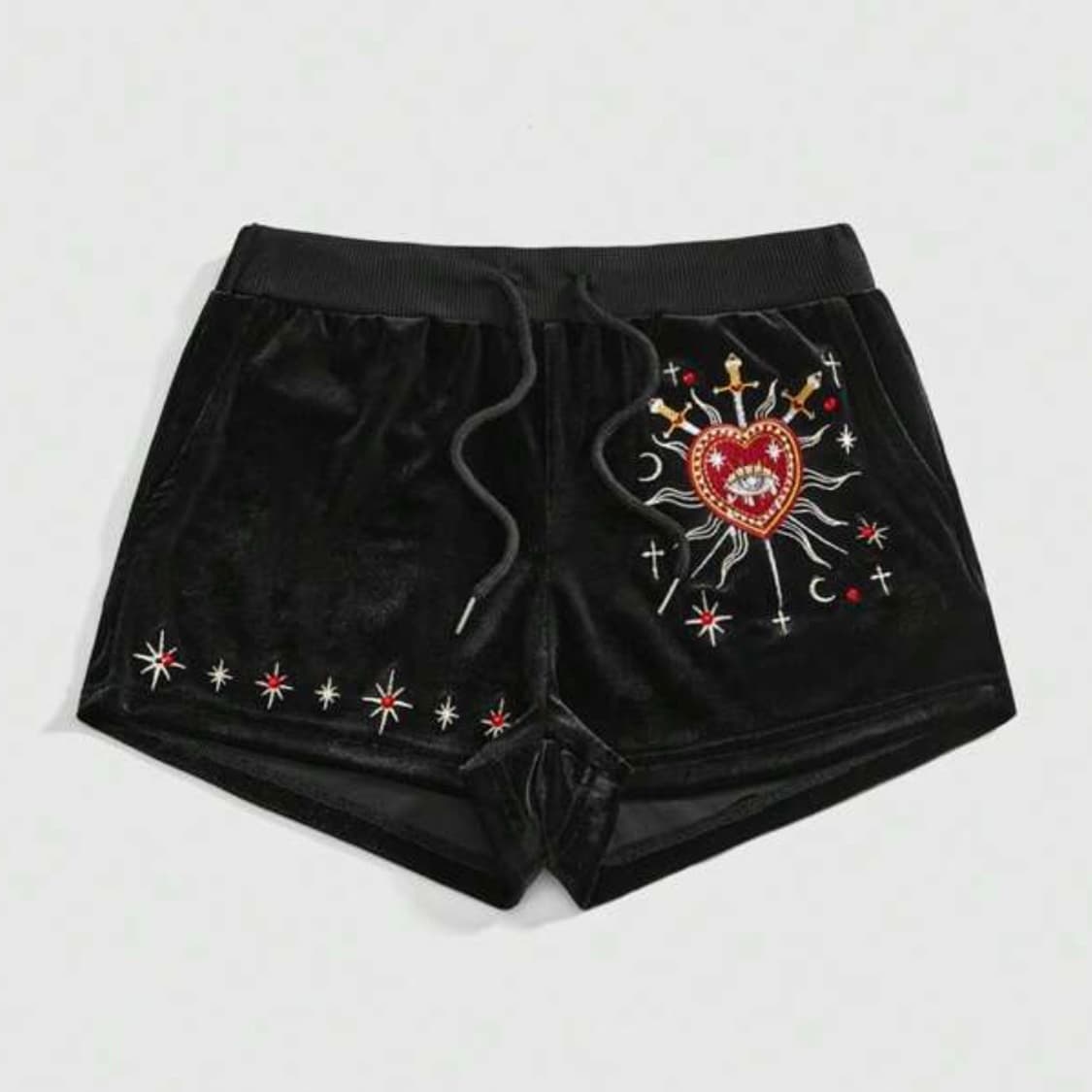 벨벳 자수 하트 블랙 펑키 반바지  쇼츠  상품이미지1