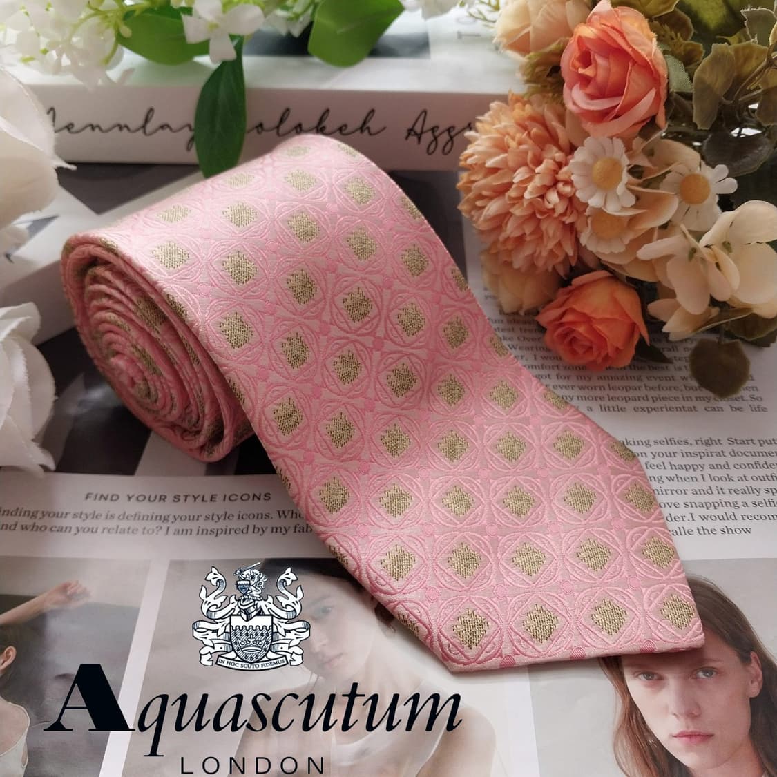 아쿠아스큐텀 실크 핑크 자카드 패턴 넥타이 9.5cm A+등급 K2108 상품이미지1