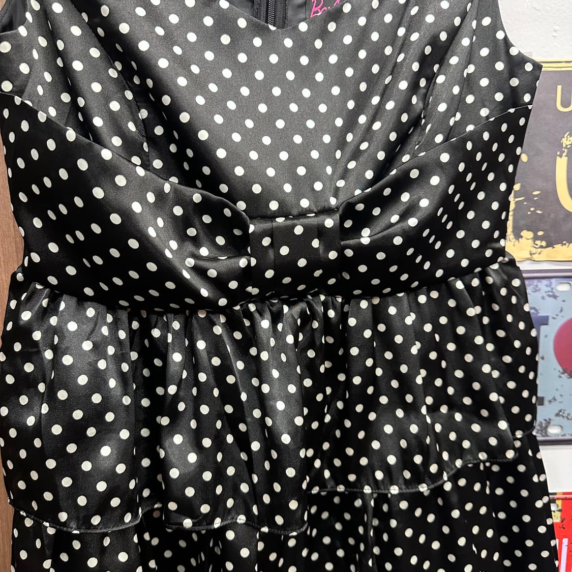 Barbie, Black Satin Dot Frill Midi Dress 상품이미지5