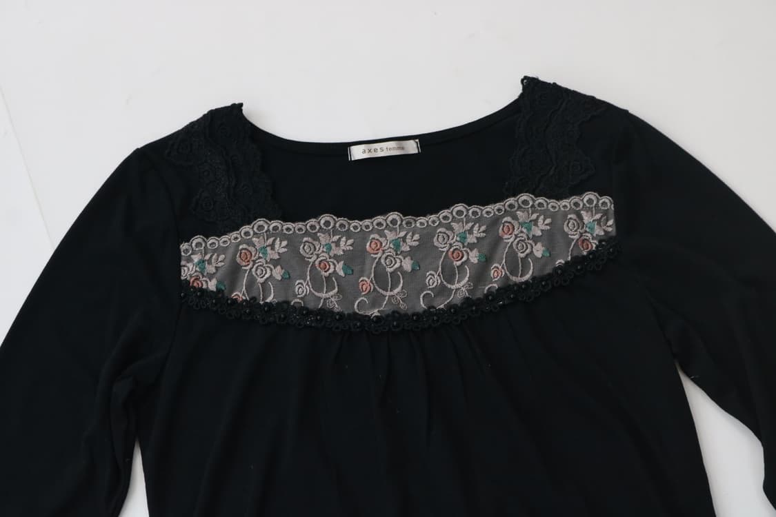 axes femme 엑세스 팜 빈티지 로즈 자수 레이스 프릴 티셔츠 M 상품이미지3