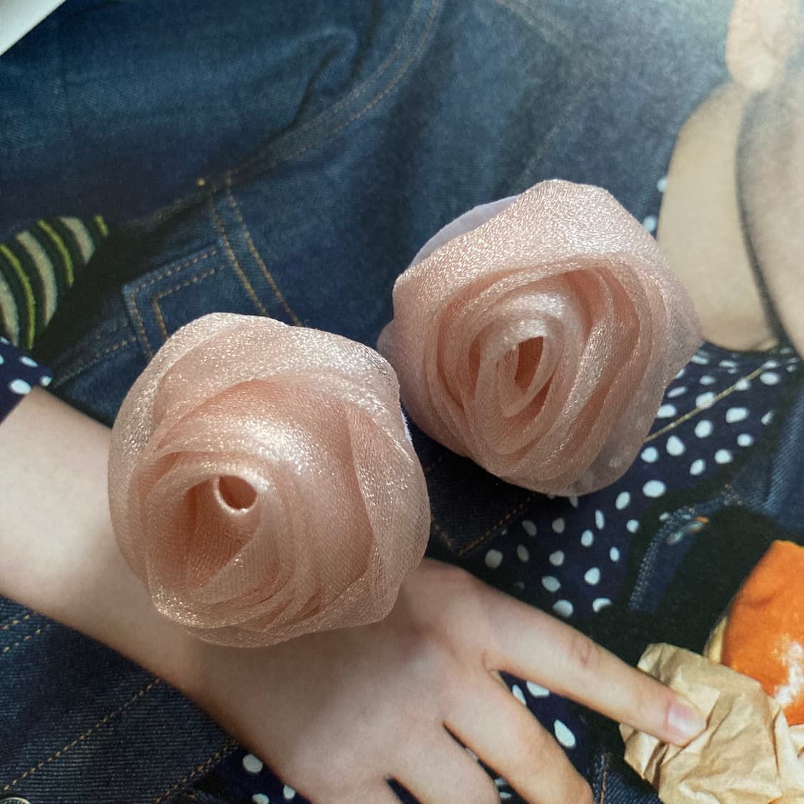 빈티지 베이피 핑크 실크 오간자 로즈 장미 이어링 귀걸이 악세사리 상품이미지2