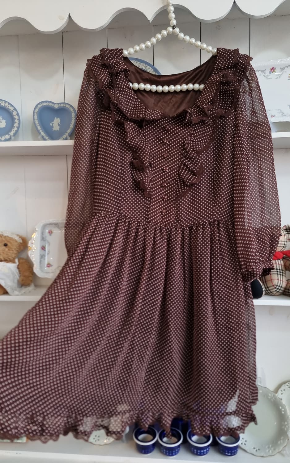 브라운 도트 쉬폰 프릴원피스 상품이미지5