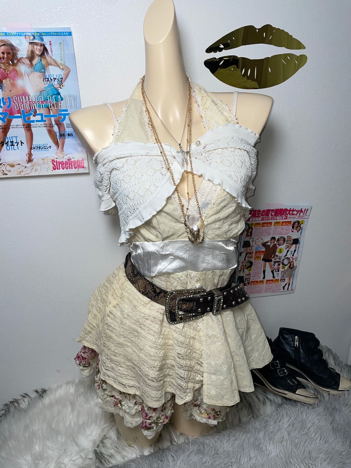 Set) 러블리 로맨틱 히메 갸루 연노랑 슬리브리스 세트 상품이미지1