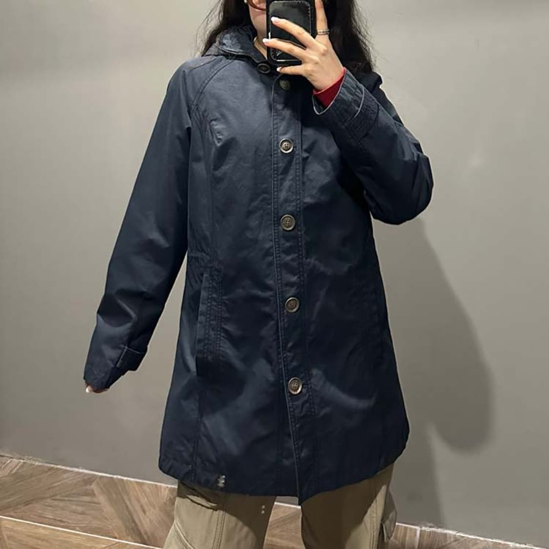 USA VINTAGE 후드 미디 자켓 래글런 허리 스트링 디테일 네이비 상품이미지7