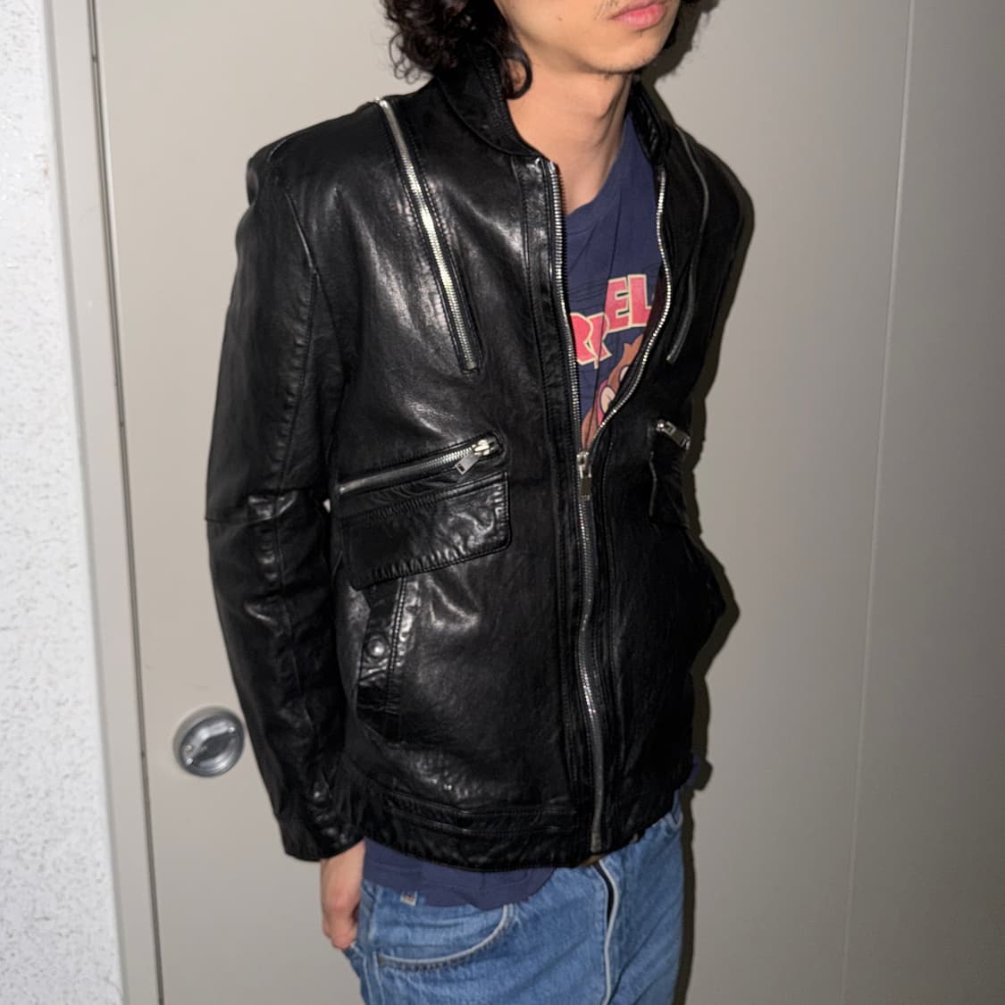 시스템 멀티 지퍼 레더 블루종 상품이미지1