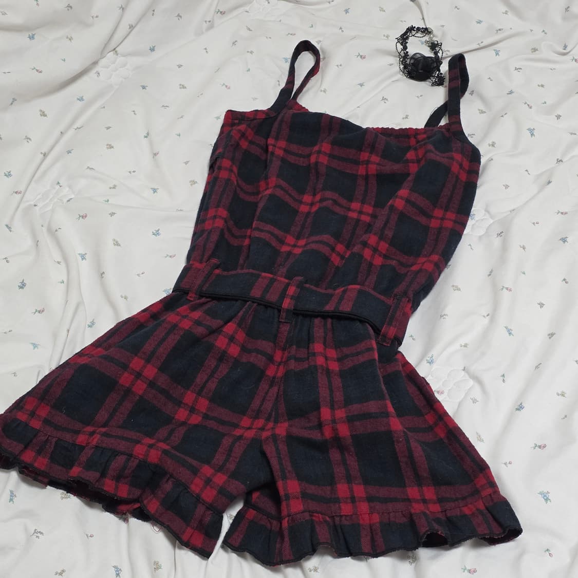 일본빈티지)오네갸루 캐캐체 레드블랙 타탄체크 리본 고딕 멜빵큐롯롬퍼 상품이미지7