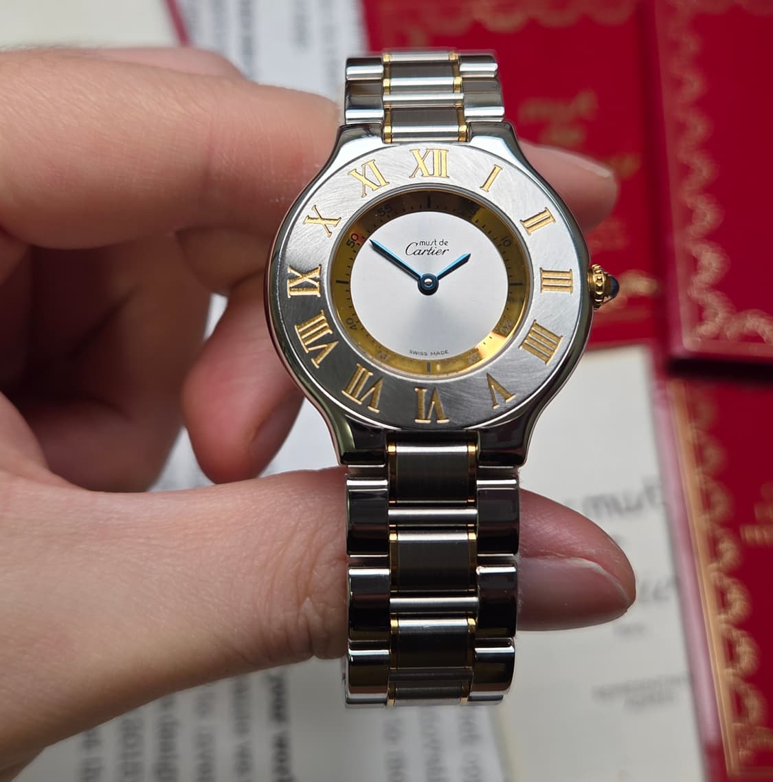 빈티지 까르띠에 머스트드 21C 콤비 31mm 남녀공용 블루핸즈 쿼츠  상품이미지3