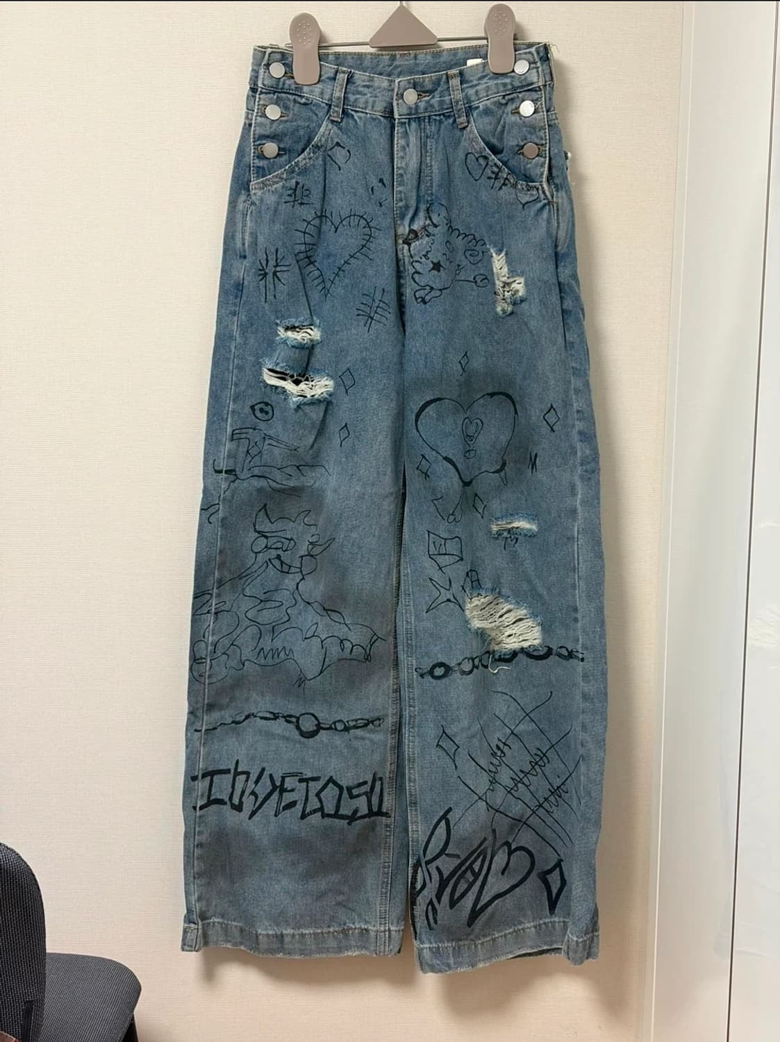 프린팅 와이드청 데미지 유니크 데님 청바지 상품이미지1