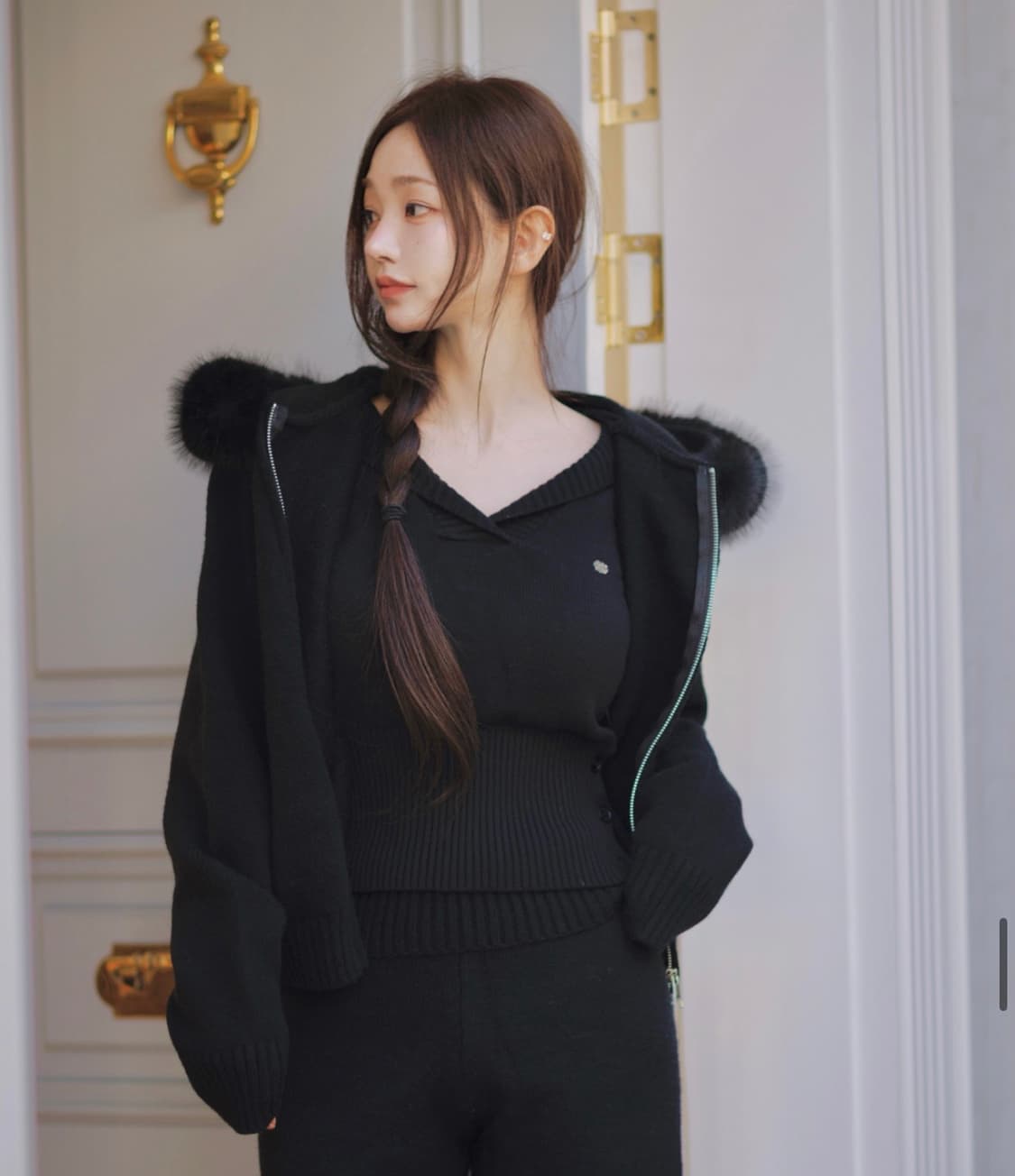 카인다미 퍼 니트 후드 집업 상품이미지2