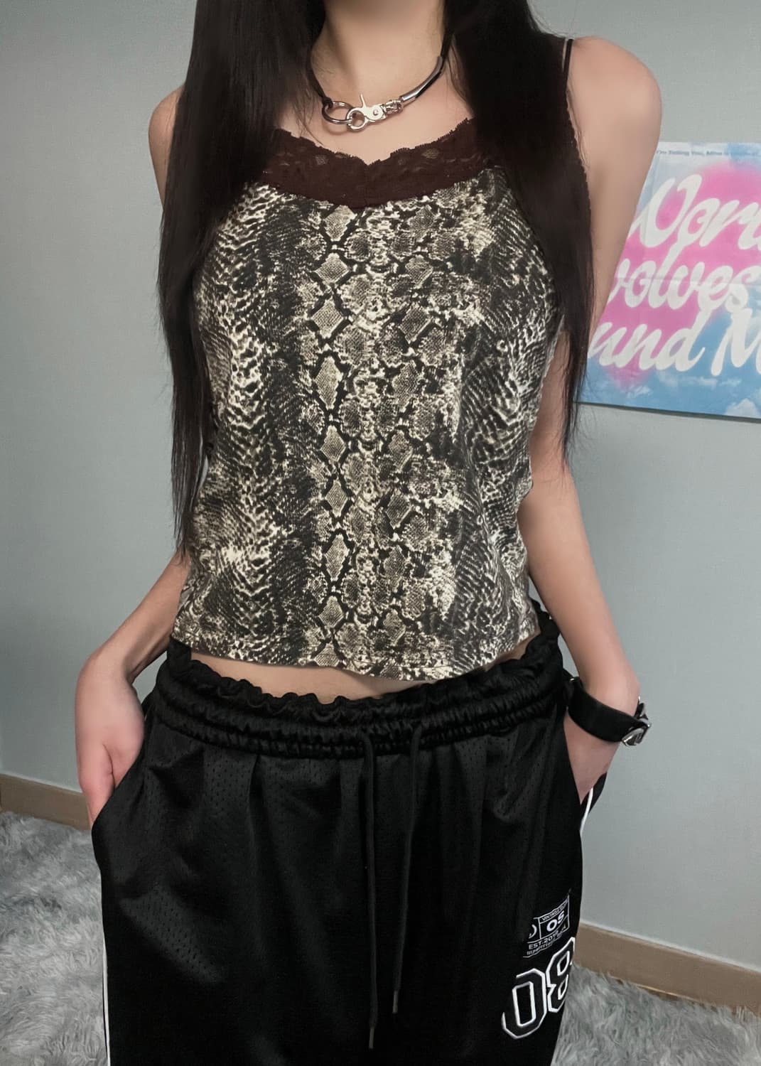 y2k 갸루 브라운 펑크 뱀피 파이톤 레이스 슬리브리스 상품이미지5