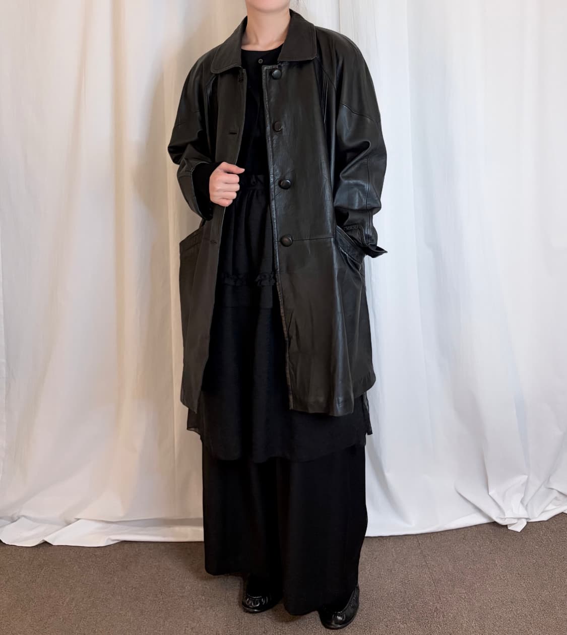 Raglan Leather Midi Coat - Black 상품이미지3