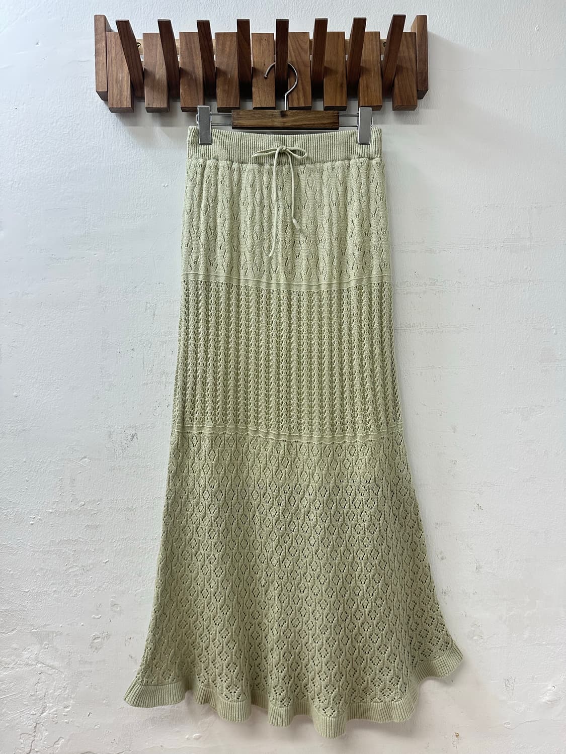 일본빈티지 세이지 그린 펀칭 썸머니트 머메이드 롱 스커트 밴딩 스트링조절 상품이미지1
