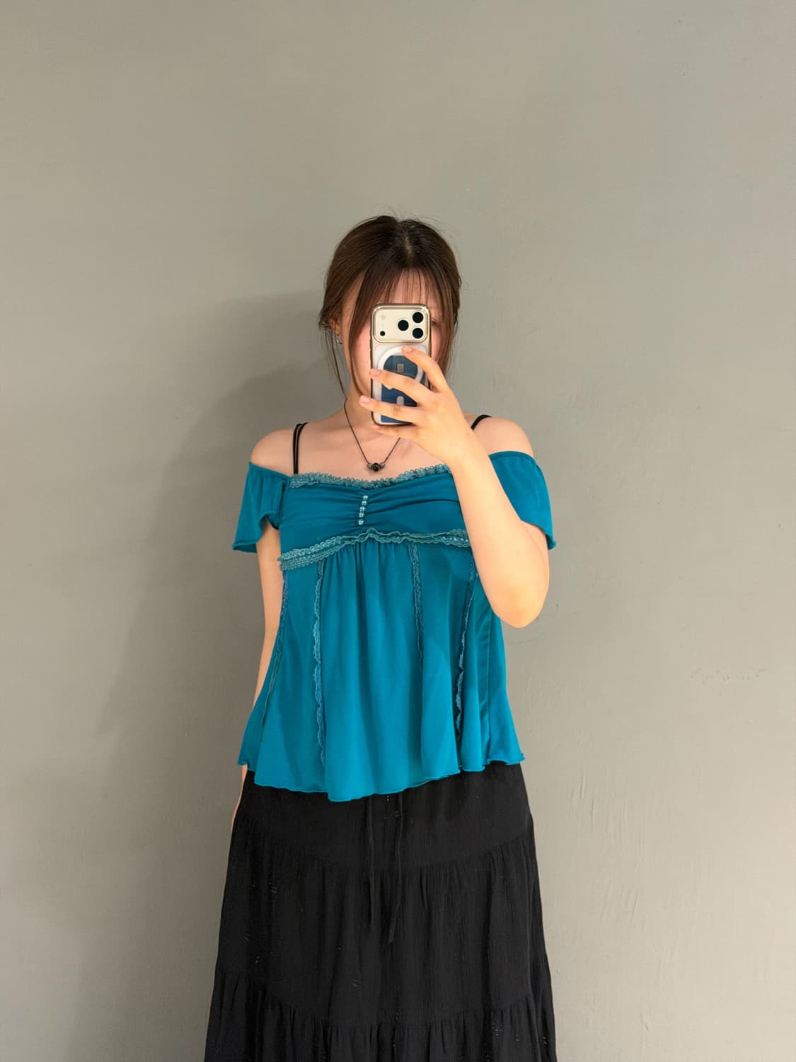 Aqua blue lace line button-up top 상품이미지3